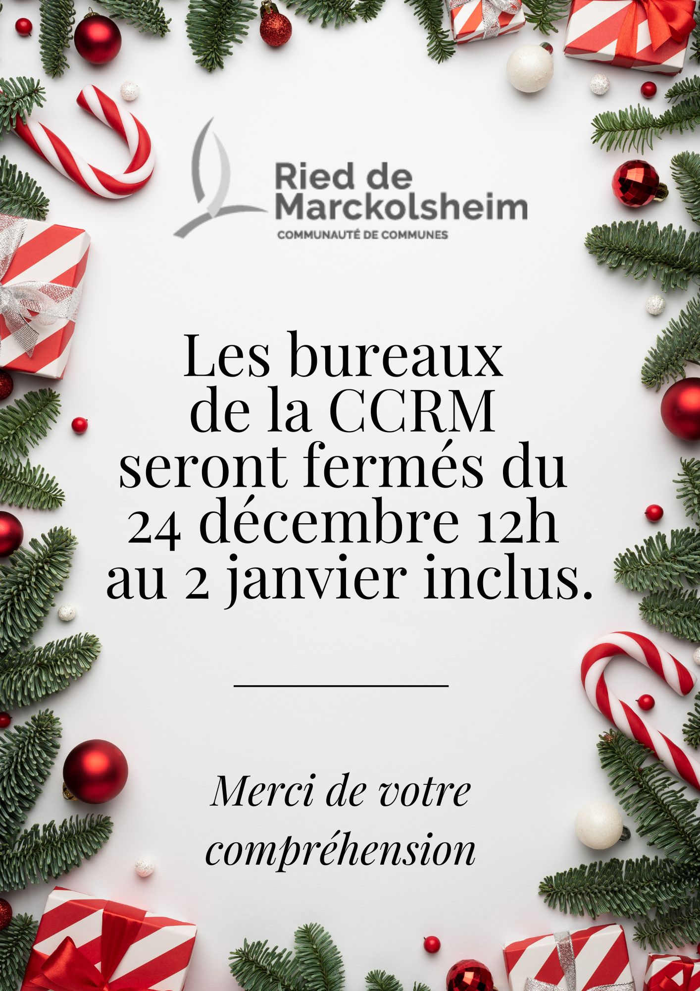 Affiche Fermeture pour Noel Simple Traditionnel Rouge Vert et Blanc